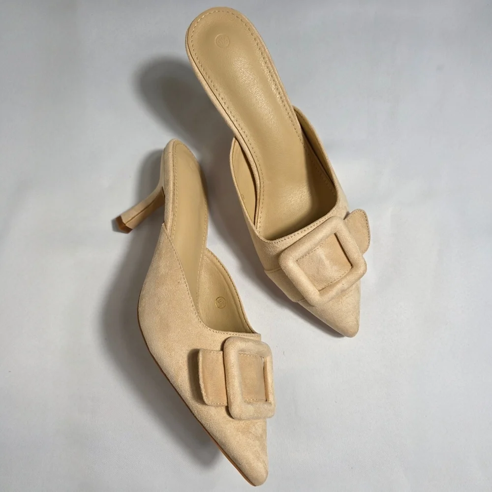 Coutgo Beige Pointed Toe Mule Heels Women Size 9.5 Kitten Heel Slip On NEW